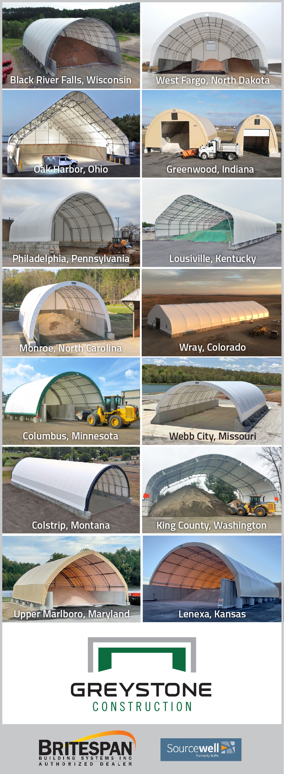 Salt storage buildings and sheds across the USA
