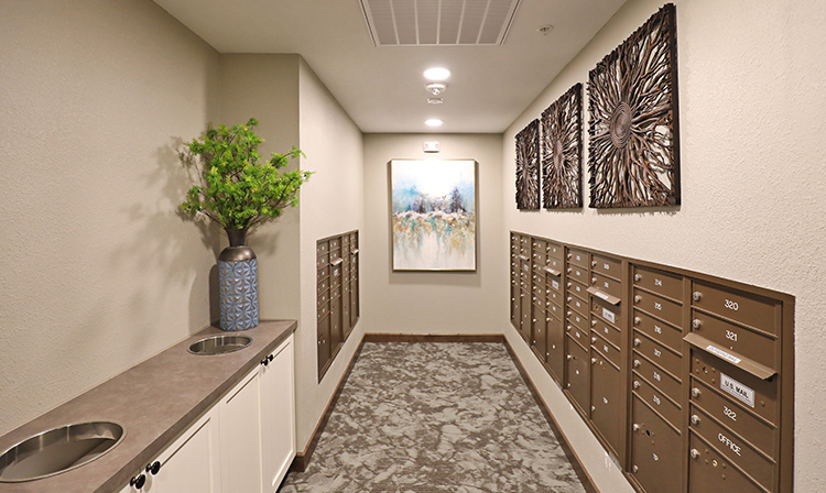 Mail room inside Brentwood Terrace Independent Senior Living Facility