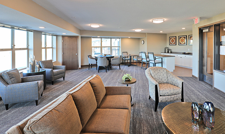 Fourth floor club room inside Brentwood Terrace Independent Senior Living Facility