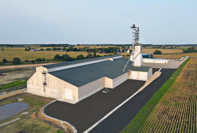 Exterior view of the dry fertilizer storage building for ALCIVIA in Evansville, WI