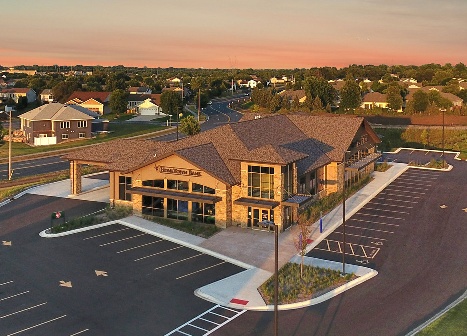 Aerial view of the HomeTown Bank multi-tenant office building