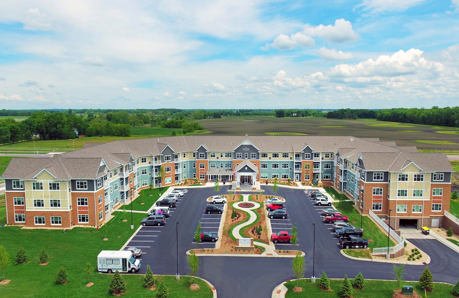 Aerial front view of the Pillars of Mankato senior living facility housing construction project
