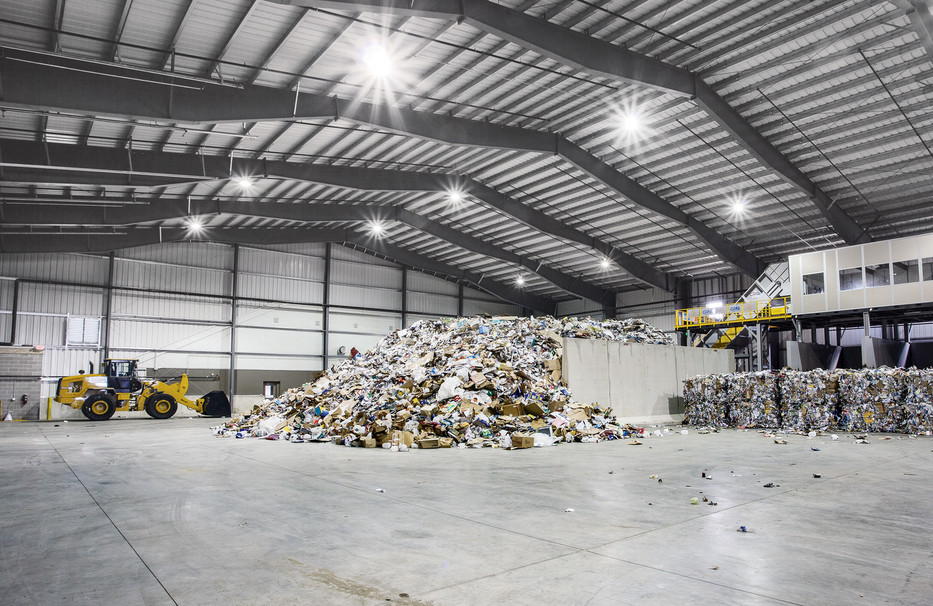 Tipping floor inside the Dem-Con Materials Recovery Facility (MRF) Metal Building