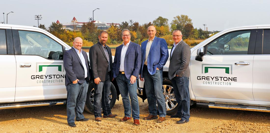 Greystone Construction Announces Ownership and Leadership Transition. Pictured (left to right) Colin O'Brien, Brian Kreuser, Kevin O'Brien, Eric Bender, and Gordie Schmitz